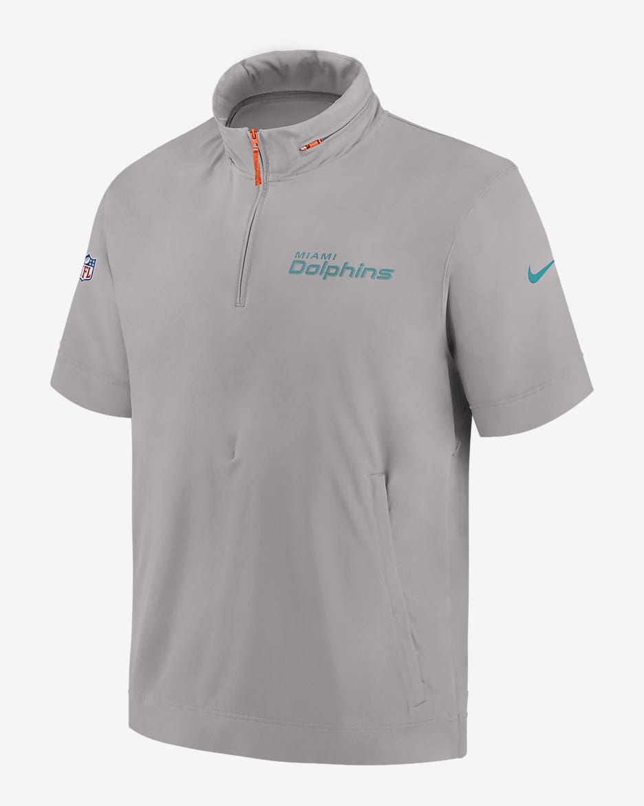 Miami Dolphins Sideline Coach Men s Nike NFL 1 2 Zip Short Sleeve Hooded Jacket. Nike